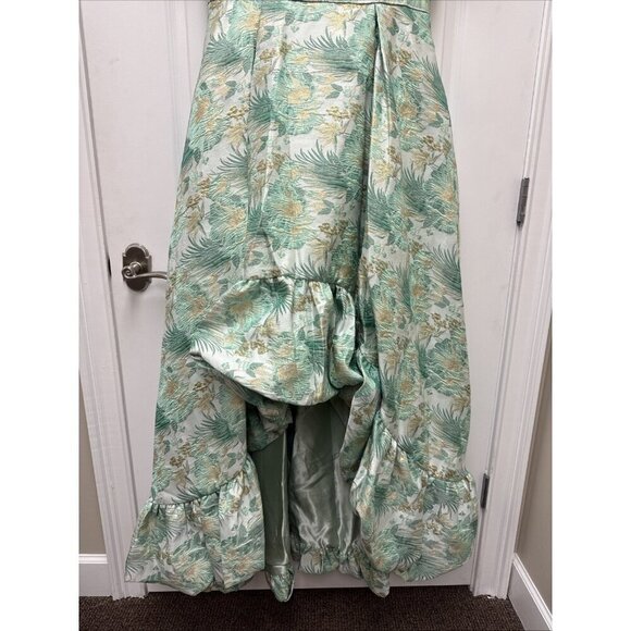MAC DUGGAL Size 12 Green Floral Brocade 68276 Puff Sleeve High Low Gown Dress - Picture 7 of 12